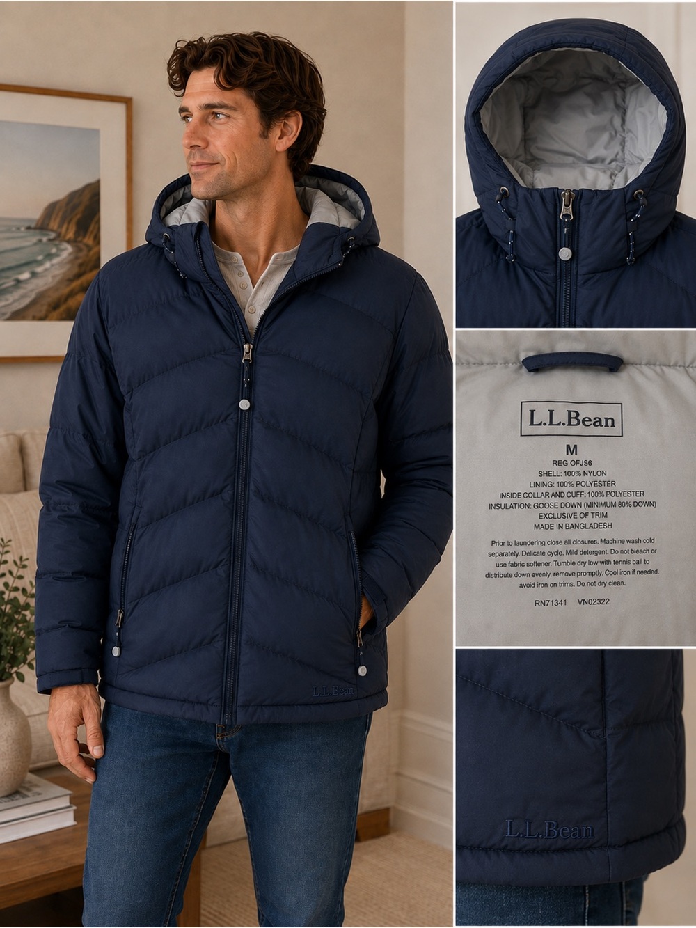 L.L. Bean Men's Navy Hooded Puffer Jacket Medium